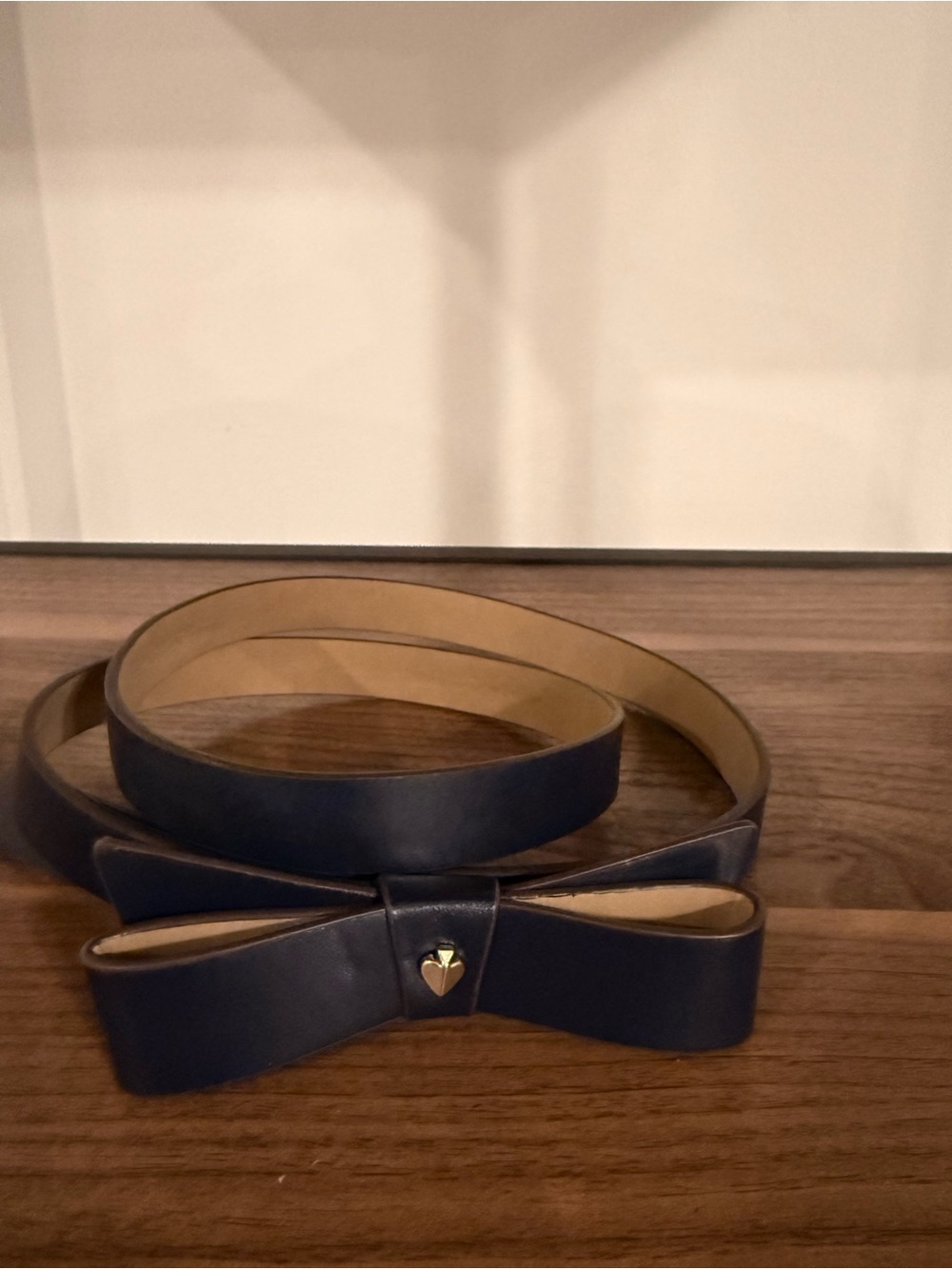 kate spade Navy Leather Bow Belt with Gold Heart Accent